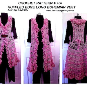 Crochet PATTERN, Ruffled Edge Long Vest , circular vest, child, adult, pdf digital download 760 image 1