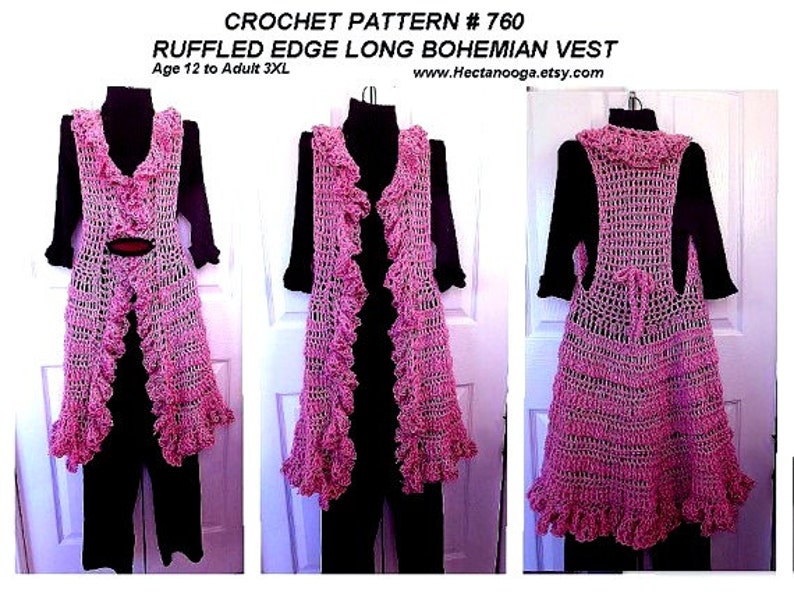 Crochet PATTERN, Ruffled Edge Long Vest , circular vest, child, adult, pdf digital download 760 image 1