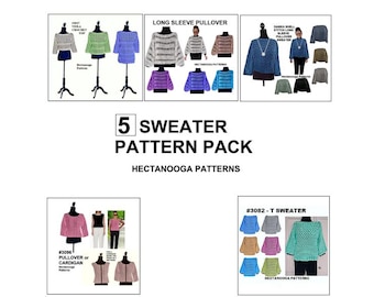 CROCHET SWEATERS 5 pattern pack, INSTANT Download pdf patterns, Easy beginner, pdf and video demonstrations, make any size, any yarn or hook