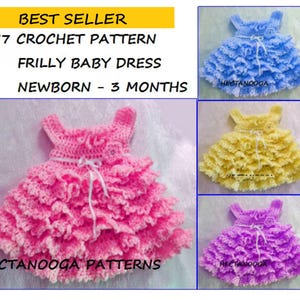 CROCHET BABY Dress Pattern, Sweet Frilly baby dress, newborn - 3 months, cute and easy design, #2577, sundress, jumper, christening dress