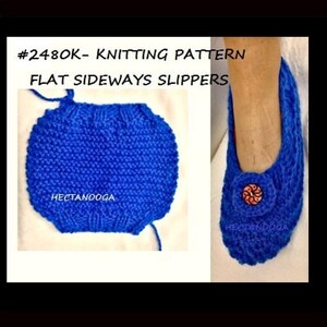 May include: Knitting pattern for flat sideways slippers. The pattern is #2480K. The image shows a blue knitted slipper with a button and a close-up of the knitted fabric.