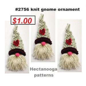 May include: Three knitted gnome ornaments with white beards, green hats, and red hearts. The gnomes are wearing brown felt hats. The text #2756 knit gnome ornament and £1.00 is visible in the image.