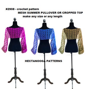 Crochet Patterns, Mesh cropped top, Open weave sweater, Summer cover-up, XS to 5XL, Very easy pattern, #2908