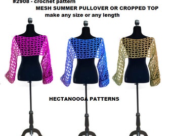 Crochet Patterns, Mesh cropped top, Open weave sweater, Summer cover-up, XS to 5XL, Very easy pattern, #2908