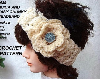 crochet pattern for headband/earwarmer with flower, quick and easy  . Make it Any size, baby, children, adult, pdf pattern num. 489