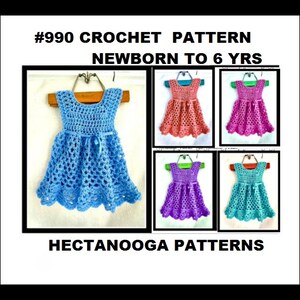 Pu&ograve; includere: Modello all'uncinetto #990 per un abito da bambina, dalla nascita ai 6 anni. Il modello include le istruzioni per realizzare un abito in cinque colori diversi: blu, rosa, corallo, viola e turchese.