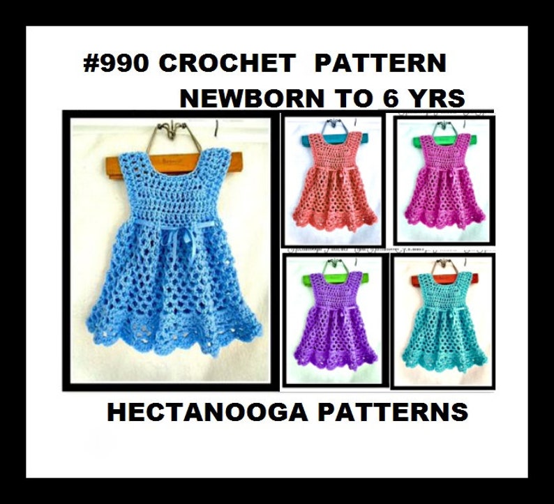 Pu&ograve; includere: Modello all'uncinetto #990 per un abito da bambina, dalla nascita ai 6 anni. Il modello include le istruzioni per realizzare un abito in cinque colori diversi: blu, rosa, corallo, viola e turchese.
