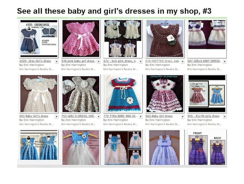 Pu&ograve; includere: Una collezione di 12 vestitini all'uncinetto per neonati e bambine in vari colori, tra cui rosa, blu, viola e marrone. I vestitini sono tutti fatti a mano e presentano diversi design, come fiori, fiocchi e balze. L'immagine include il testo "See all these baby and girl's dresses in my shop, #3".