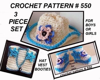 33-Piece crochet baby pattern, baby booties #550HBV,  Hat,Vest patterns,  newborn to  12 months, clothing and accessories, COWBOY, COWGIRL,