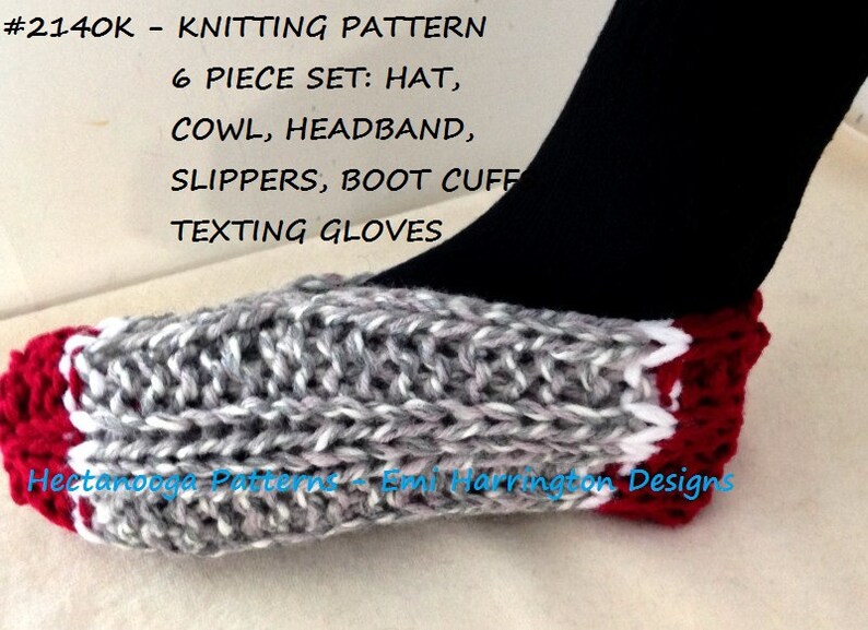 KNITTING PATTERNS, 6 piece set: hat, cowl, headband, slippers, boot cuffs, legwarmers, texting gloves, free cell phone pouch 2140K image 5