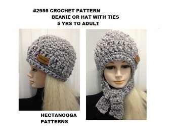 CROCHET HAT PATTERN, Beanie or Hat with Ties, Cozy warm winter hat, Unisex style, both versions included in the pattern, #2955, Hectanooga