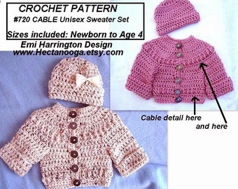 New baby gift, Unisex Sweater/Hat set, Baby CROCHET PATTERN, newborn-age 4, cable detail, easy pattern, #720, clothing, jacket, shower gift