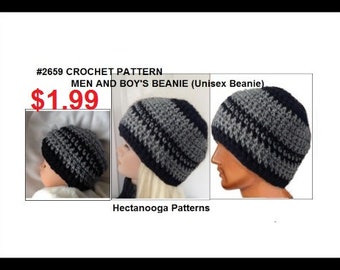 Crochet Hat Patterns, Unisex Beanie Hat for Men and Boys and Girls and Women, Easy beginner level. #2659