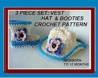 crochet pattern, booties slippers, Baby vest, Baby cowboy hat, num. 550, newborn to 12 months, crochet for baby, cowboy boots, vest, hat