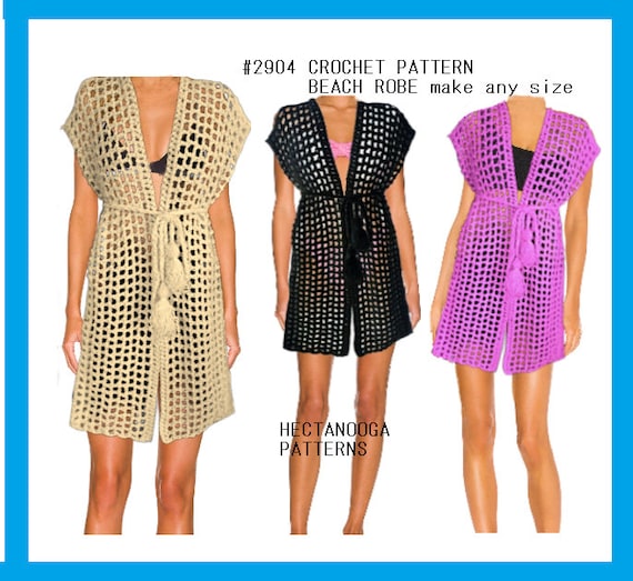 CROCHET BEACH ROBE, Beach Cover-up or wrap, Super easy pattern, make any size, video demo included, #2904, Summer beachwear