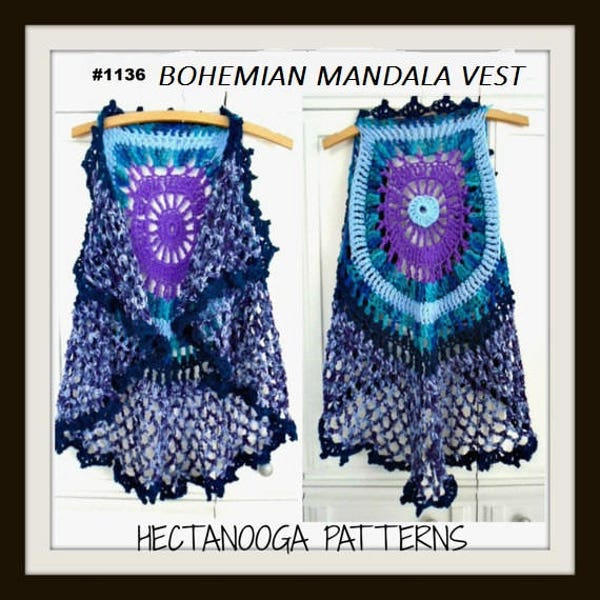 CROCHET PATTERN, Mandala Bohemian sweater Vest with summer style collar.  Sizes from 10 years to adult XXL. #1136, women and child clothing