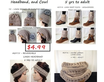 CROCHET PATTERNS, 4 pattern bundle sale, Cowl, Boot Cuffs, Hat, Headband, Unisex style, 3 sizes from 5 yrs to adult, #2974, Hectanooga