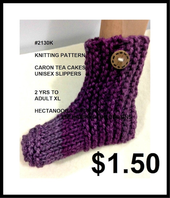 Knitting Patterns Unisex Knit Slippers Knitted Slippers Child Teen Adult Caron Tea Cakes 2130 Hectanooga Patterns