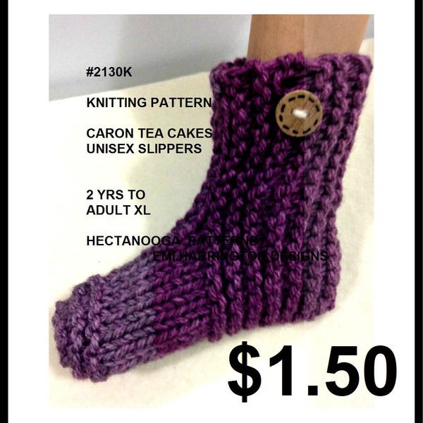 KNITTING PATTERNS, Unisex Knit Slippers, Knitted slippers, child, teen, adult, Caron Tea Cakes, #2130, Hectanooga Patterns