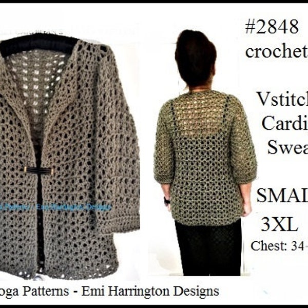 crochet cardigan sweater, crochet pattern, all sizes, Easy Vstitch jacket, small, medium, large, xlarge, 2xl, 3xl, #2248 crochet for women,