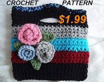 Easy Crochet Bag, pouch, purse, Crochet Pattern PDF, Great for Beginners, Pattern No. 589, Make any size, Flower and Leaf pattern included