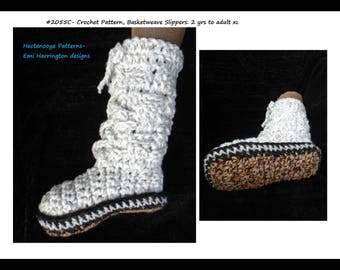 crochet slippers pattern, basketweave slippers, unisex, child, teen, adult, men, women, boys, girls, #2055C, 2 hour project, tall slippers