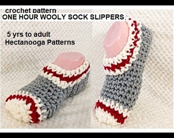 CROCHET SLIPPER PATTERN, One Hour Wooly Sock Slippers, Sock Monkey Slippers, child - adult xl, quick and easy pattern, video tutorial. #2969