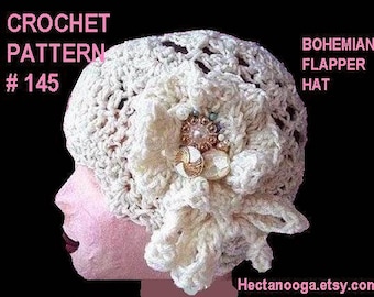 Bohemian Flapper Hat, CROCHET PATTERN , #145, Women's hat and flower pattern, instant download  crochet patterns,  sell your finished items.