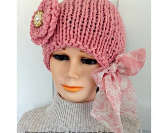 Easy KNIT CHEMO Hat Pattern, hat knitting pattern, knitting for women, #2174 - hectanooga patterns, pink chemo hat and flower