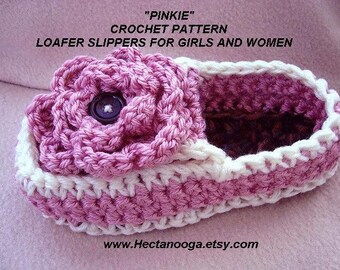 Loafer Slippers, CROCHET PATTERN,  Women and girls slippers - Crochet Flower pattern also, age 5 and up, pdf instant digital download # 703