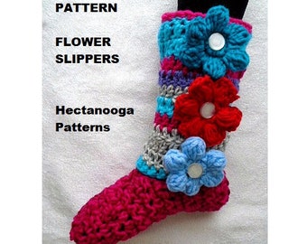 CROCHET SLIPPERS PATTERN,  and Puff Flower,  Make Any Size, women, girls, winter clothing and accessories, legwarmers, #875