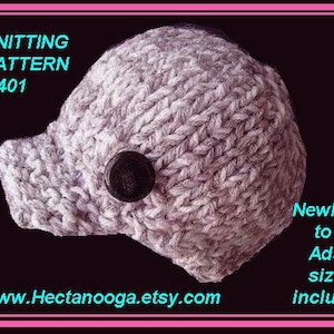 May include: Knitting pattern #401 for a hat in a light purple and white color. The pattern includes sizes from newborn to adult. The text "Newborn to Adult sizes included" is written in blue on a white background.