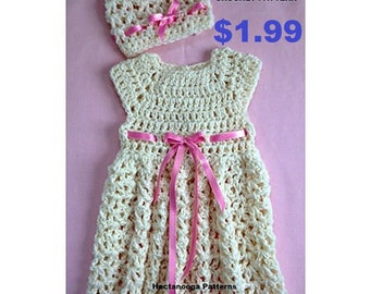 baby dress crochet pattern, baby dress and hat, baby shower gift, new baby gift, newborn to 3 months #2195, free shipping pdf instant