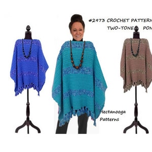 May include: Crochet pattern #2973 for a two-tone poncho. The pattern shows three different color combinations: blue and white, teal and white, and brown and white.