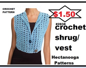 Crochet Shrug Pattern, Vest - Bolero, #2838 Blue Jeans Vest, XS to 3XL plus size, easy 2 row repeat pattern