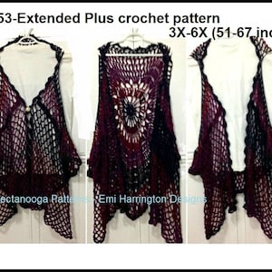 May include: Crochet vest pattern #2153, Extended Plus, in black and burgundy, for sizes 3X-6X (51-67 inches).