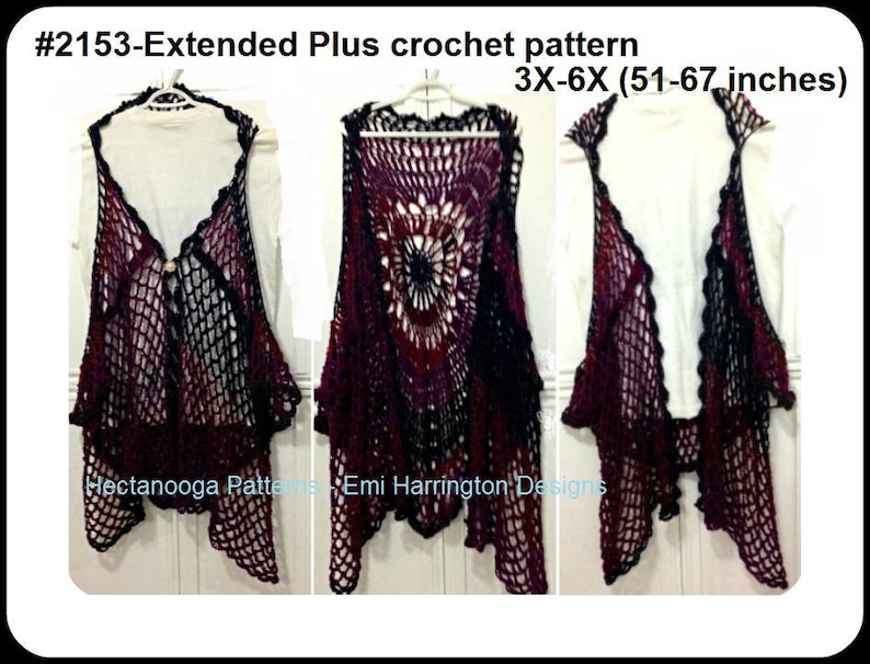 CROCHET PATTERN Extended Plus Clothing, Women's vest, in 3X, 4X, 5X, and 6X sizes, Mandala Bohemian Vest, 2153XP, Hectanooga Patterns image 1