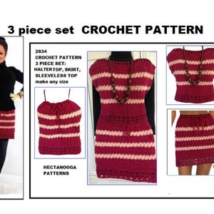 Crochet Skirt Pattern, 3 PIECE SET: crochet halter top, sleeveless sweater,Skirt,  make any size, girls or women's clothing, #2834