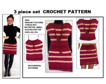 Crochet Skirt Pattern, 3 PIECE SET: crochet halter top, sleeveless sweater,Skirt,  make any size, girls or women's clothing, #2834