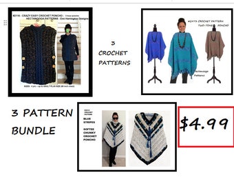 CROCHET PONCHO PATTERNS, 3 Pattern Bundle, Teen, women, plus size, all 3 patterns included, Hectanooga Patterns