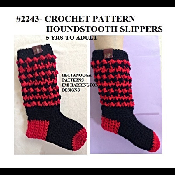 crochet slipper pattern, 5 yrs to adult XL, Houndstooth slippers, fits up to 13 inch long foot (Men's size 13), Very easy pattern! #2243