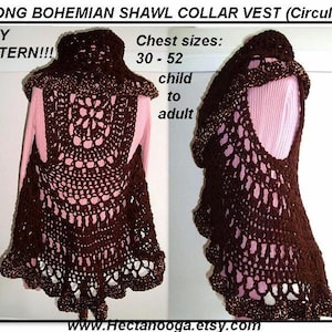Easy crochet patterns, Long Bohemian Vest,  shawl collar, crochet pattern for women, kids,  Chest 30-52 inch, circular vest,#718 Chest