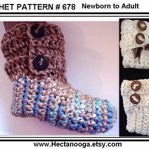 May include: Crochet pattern #678 for newborn to adult booties. The pattern includes three different color variations: brown, blue, and white. The booties are made with a simple stitch and feature a button detail.