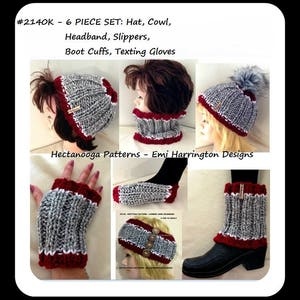 KNITTING PATTERNS, 6 piece set: hat, cowl, headband, slippers, boot cuffs, legwarmers, texting gloves, free cell phone pouch 2140K image 6