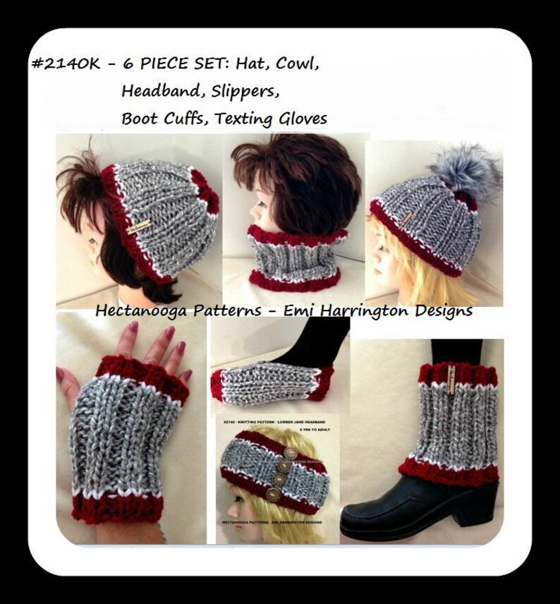 KNITTING PATTERNS, 6 piece set: hat, cowl, headband, slippers, boot cuffs, legwarmers, texting gloves, free cell phone pouch 2140K image 6