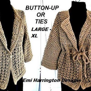 Crochet Sweater PATTERN, Cardigan Jacket, Women's Large and XL sizes, (38-48 inch chest), #953LXL, women's clothing for women and teens