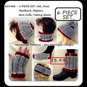 KNITTING PATTERNS, 6 piece set: hat, cowl, headband, slippers, boot cuffs, legwarmers, texting gloves, free cell phone pouch 2140K image 1