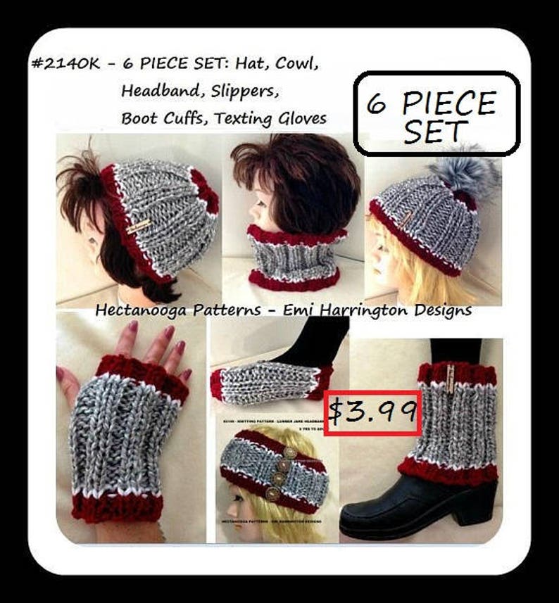 KNITTING PATTERNS, 6 piece set: hat, cowl, headband, slippers, boot cuffs, legwarmers, texting gloves, free cell phone pouch 2140K image 1