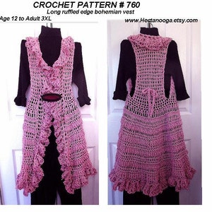 Crochet PATTERN, Ruffled Edge Long Vest , circular vest, child, adult, pdf digital download 760 image 3