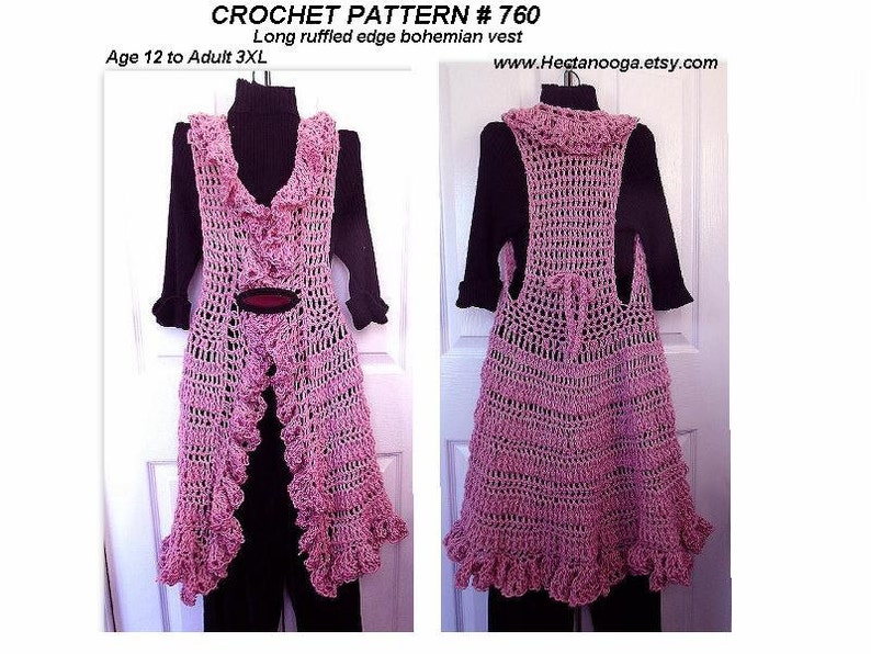 Crochet PATTERN, Ruffled Edge Long Vest , circular vest, child, adult, pdf digital download 760 image 3